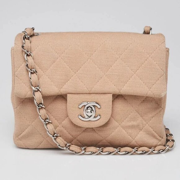 Chanel Beige Quilted Canvas Classic Square Mini Flap Bag - Picture 1 of 12